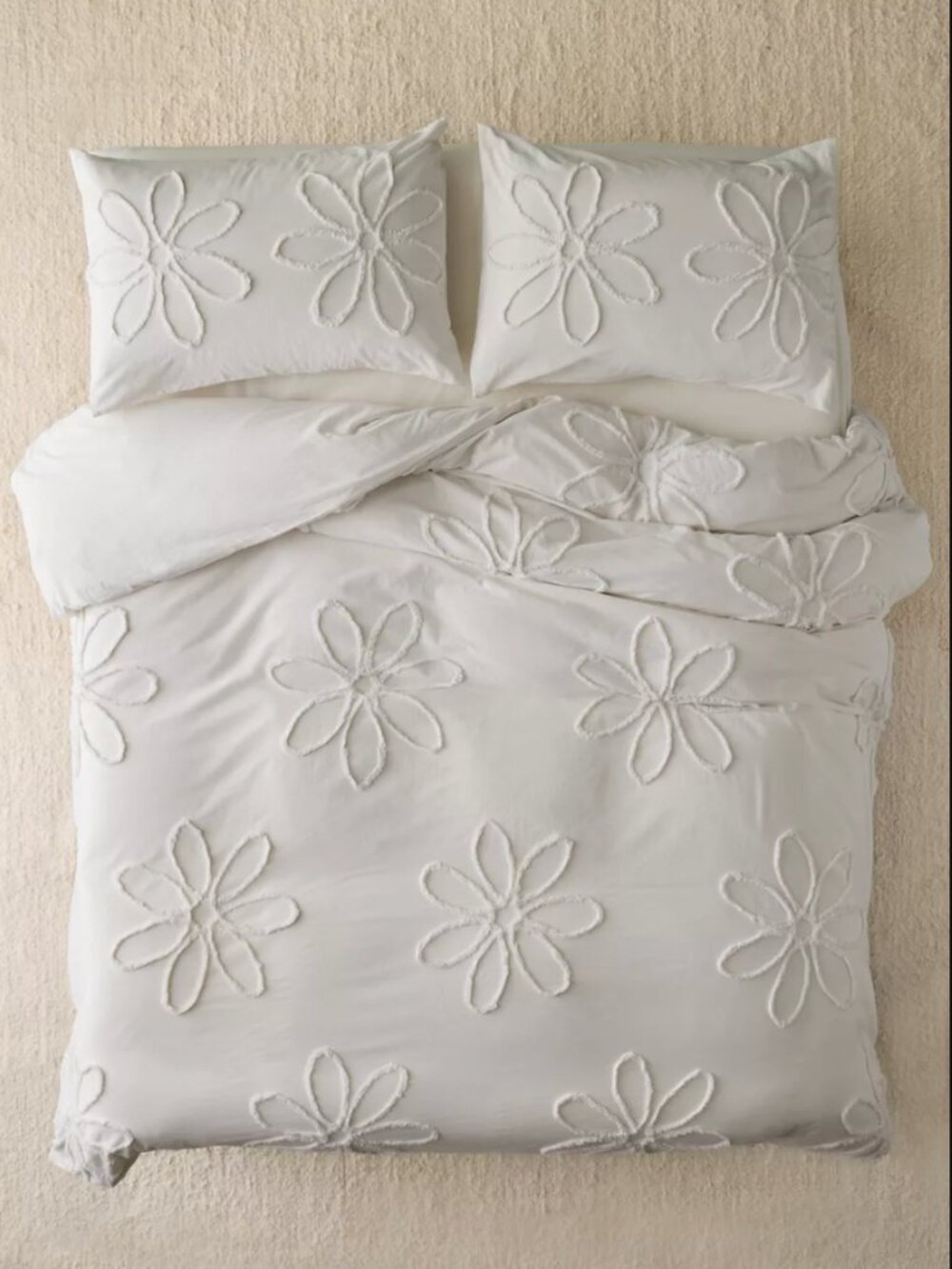 Daisy Tufted Core Flowers 100% Cotton White King Duvet Cover 96"l x 104"h